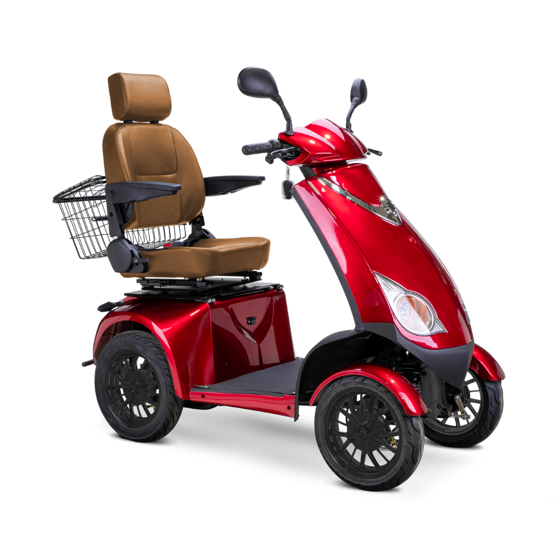 The Bespoke Platinum Recreational 4-Wheel Scooter with Electric Brake Assist is a red mobility scooter featuring a brown cushioned seat, armrests, headrest, rearview mirrors, rear wire basket, and smart technology for comfortable transport.